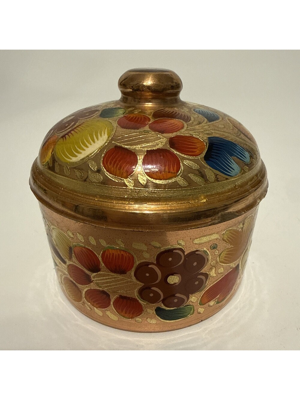 VINTAGE Hammered Copper Lidded Candy Dish Hand Painted Floral Mexico 3x3